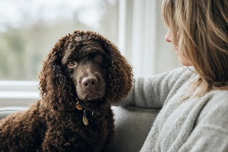 Nahaufnahme eines American Water Spaniel mit aufmerksamem Blick, der in weichem, natürlichem Licht erstrahlt.